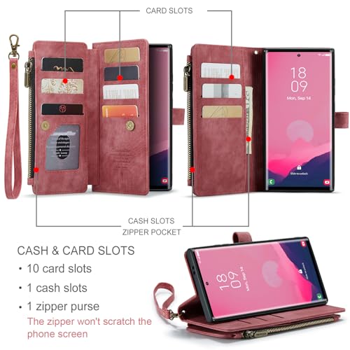 Samsung Galaxy S24 Ultra 5G Wallet Case with Card Holder Kickstand Magnetic Zipper Pocket Lanyard Strap Wristlet,Leather Flip Case Wallet for Samsung Galaxy S24 Ultra 5G 6.8 Inch (Red) - color: Red, size: S24 Ultra 6.8 Inch