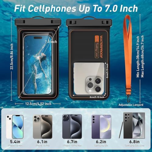 Floating Waterproof Dry Bag Black Orange Fits Phones Up to 7" | Adjustable Neck Cellphone Lanyard, Marine IP68 Certified, 2 Pack