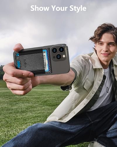 Phone Wallet Stick On with Stand, Adhesive Phone Card Holder, 8-Card Holder - color: Black Carbon Fiber