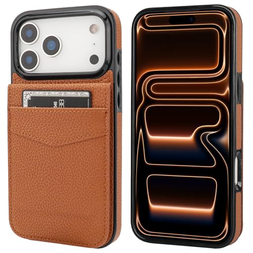 KIHUWEY for iPhone 17 Pro Max Wallet Case Card Holder, Lichee Light Brown | Credit Card Slots, PU Leather, Kickstand, Flip Heavy Duty Protection Cover for Men and Women - color: Lichee Light Brown