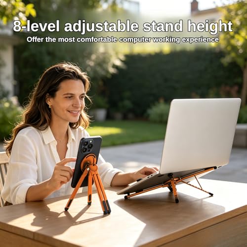 Magnetic Phone Holder & Foldable Laptop Riser, Matte Black Aluminum Multi‑Device Desk Mount, N52 MagSafe Stand, Ergonomic Laptop Elevator for MacBook iPad iPhone Travel Office - color: Orange