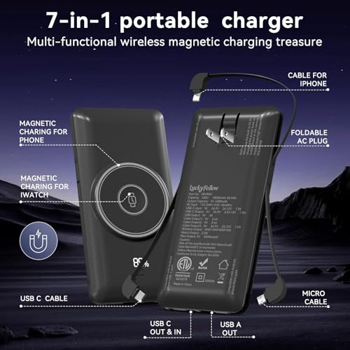 Magnetic 10000mAh Portable Charger for iWatch & iPhone, PD Fast Charging Wireless Power Bank Built-in Cables and Wall Plug, External Travel Battery Pack Compatible with iOS Android Phones - color: Black