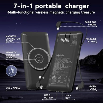 Magnetic 10000mAh Portable Charger for iWatch & iPhone, PD Fast Charging Wireless Power Bank Built-in Cables and Wall Plug, External Travel Battery Pack Compatible with iOS Android Phones - color: Black