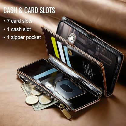 Defencase for iPhone 13 Pro Wallet Case with RFID Card Holder, Coffee | Durable Soft PU Leather, with Zipper Pocket, Wrist Strap, Fashion Snap Flip Phone Cases Cover with Stand for Women and Men - color: Coffee