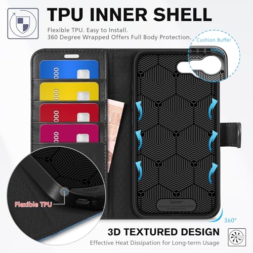 TUCCH Case Wallet for iPhone 17e 16e 6.1", Flip Stand, Black & Light Blue | 4 Card Holders, Kickstand, PU Leather, Magnetic Closure, Shockproof TPU Shell, Protective Flip Cover - color: Two-tone Black & Light Blue