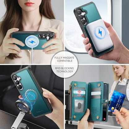 Defencase for Galaxy S26 Case Wallet Compatible with Magsafe, Blue Green | Magnetic Detachable, with RFID Bolcking Card Holder, Zipper Strap, PU Leather Drop-Proof Phone Cover for Samsung Galaxy S26 - color: (Detachable with Magsafe)-Blue Green