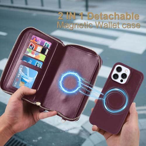Harryshell Compatible with iPhone 16 Pro Case Wallet Multi Zipper Detachable Removable Cover with RFID Blocking Card Slots Holder Mirror Crossbody Strap (Compatible with Magsafe-Quilted Burgundy) - color: Compatible with Magsafe - Quilted Burgundy, size: