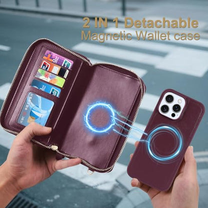 Harryshell Compatible with iPhone 16 Pro Case Wallet Multi Zipper Detachable Removable Cover with RFID Blocking Card Slots Holder Mirror Crossbody Strap (Compatible with Magsafe-Quilted Burgundy) - color: Compatible with Magsafe - Quilted Burgundy, size: