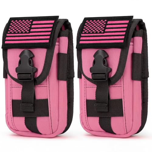 2 Pack Tactical Phone Holster Pouch, Smartphone Pouch Case Molle Attachment Belt Holder for 4.7"-6.9" Phone with US Flag Patch for iPhone 18 Pro Max/17/16/15/14 Pro Max - color: Hot Pink