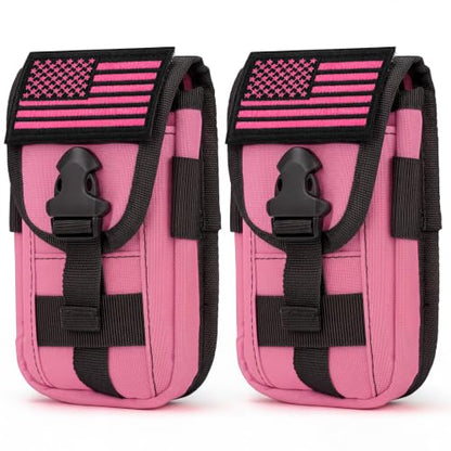 2 Pack Tactical Phone Holster Pouch, Smartphone Pouch Case Molle Attachment Belt Holder for 4.7"-6.9" Phone with US Flag Patch for iPhone 18 Pro Max/17/16/15/14 Pro Max - color: Hot Pink