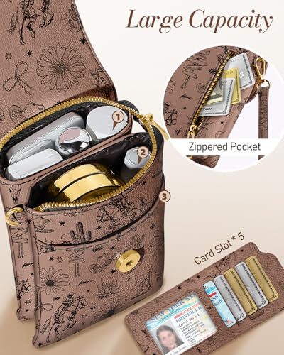 Small Crossbody Phone Purse for Women | Card Slots, Leather Cell Phone Wallet, Adjustable Shoulder Strap, Cross Body Bag for Girls and Ladies, Cute Design - color: Brown Plant