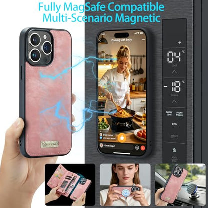 Compatible with iPhone 15 Pro Wallet Case with Magsafe, Pink | Magnetic Detachable Case,Card Holder,Zipper Pocket,Strap Wristlet, Soft Leather Drop-Proof Phone Case for iPhone 15 Pro - color: Pink, size: iPhone 15 Pro 6.1"