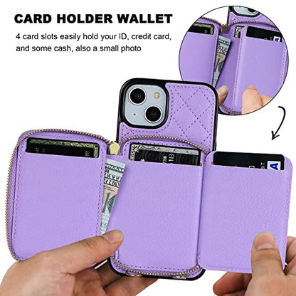 Bocasal Crossbody Wallet Case Card Holder for iPhone 13, Purple | RFID Blocking PU Leather Zipper Handbag Purse, Kickstand Flip Folio Case with Card Slots Holder Wrist Strap Lanyard 6.1 Inch - color: Purple