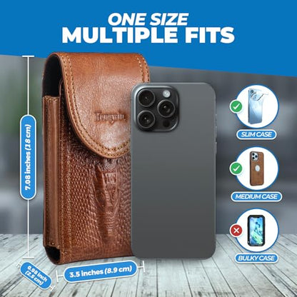 Leather Cell Phone Holster Fits for iPhone 17 Pro Max 16 Plus 15 Pro Max 14 Plus 13 Pro Max 12 Pro Max Samsung Galaxy S25 Edge S25 Ultra S24 Ultra Pouch Case with Belt Clip Belt Holder (Brown) - color: Brown