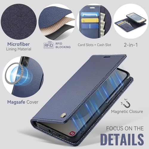 for Samsung Galaxy S25 5G 2in1 Detachable Wallet Case, Deep Blue | Compatible with Magsafe, Magnetic, RFID Blocking Card Holder, Shockproof, Kickstand, Wireless Charging, PU Leather Flip Cover - color: Deep Blue, size: Galaxy S25 - 6.2"