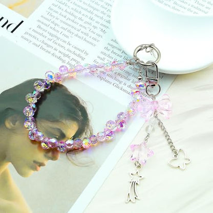 Crystal Beaded Phone Wrist Strap, Cute Cellphone Lanyard Chain, Bow Keychain Wristlet Bag Charms for Women - color: Pink