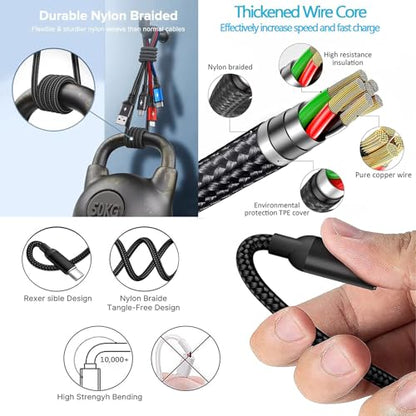 3 in 1 Nylon Braided Charging Cord Set,4Pack Multifunction USB Charger Cable Kit,Multiple Fast Charger Cords Suit for Car,Home,Office,Travel