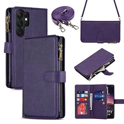 iCoverCase for Samsung Galaxy S23 Ultra Wallet Case with Card Holder, Kickstand Feature PU Leather Case with Adjustable Crossbody Lanyard Magnetic Clasp Zipper Pocket Flip Cover (Purple) - color: Purple, size: Galaxy S23 Ultra