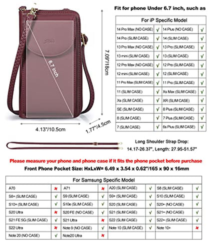 S-ZONE Small Crossbody Bags for Women Phone Purse RFID Blocking Wallet | Card Slots, Vegan Leather, Anti-theft, Multi Pockets, Detachable Adjustable Strap, Travel Eveyday Outing - color: Dark Red