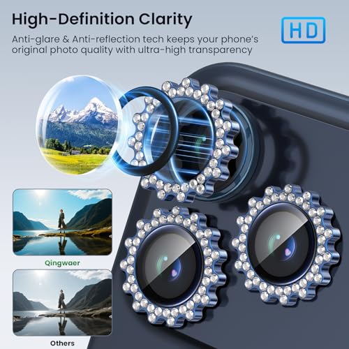 Compatible for iPhone 17 Pro/17 Pro Max Camera Lens Protector, Explosion-Proof 9H Tempered Glass with Diamond Gear Metal Ring, HD Anti-Scratch Lens Protection Decoration Accessories (Blue)