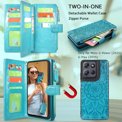 Harryshell Detachable Wallet Leather Case Compatible with Motorola Moto G Power 2025 / G Power 2026 Magnetic Phone Case Zipper Cash Coin Pocket Multi Card Slots Holder Wrist Strap (Flower Blue Green) - color: Flower Blue Green, size: Moto G Power 2025 / M