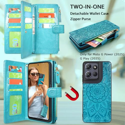 Harryshell Detachable Wallet Leather Case Compatible with Motorola Moto G Power 2025 / G Power 2026 Magnetic Phone Case Zipper Cash Coin Pocket Multi Card Slots Holder Wrist Strap (Flower Blue Green) - color: Flower Blue Green, size: Moto G Power 2025 / M