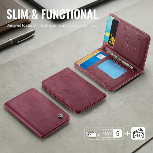 Magnetic Wallet Card Holder with RFID Protection, PU Leather Slim Wallet, Strong Magnet Attachment for iPhone 18/17/16/15/14/13/12 Series Pro Max Plus Mini-Wine - color: Wine