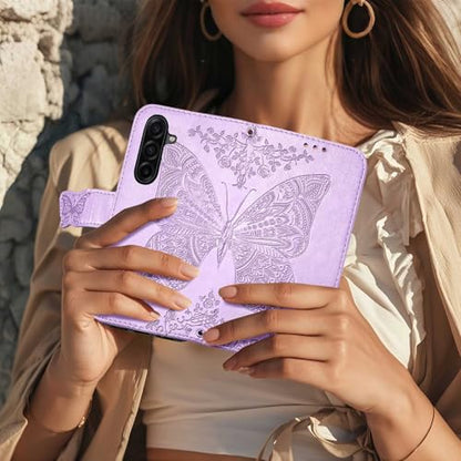 for Samsung Galaxy A17 5G Phone Case Wallet,Lavender | Butterfly Embossed PU Leather, Credit Card Holders, Wrist Strap, Magnetic Closure, Flip Protective Purse Cover for Women Men - color: Lavender