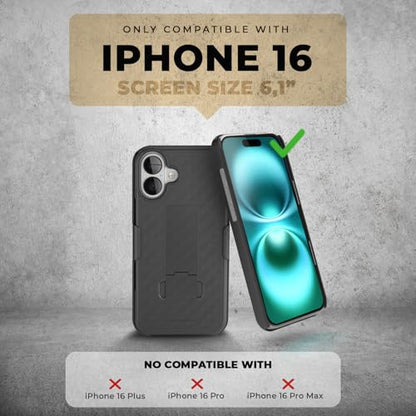 MOTIVE for iPhone 16 Case with Belt Clip, Rigid, Kickstand | 6.1" | Ranger v1 Series, Black, 360° holster, open-top/open-bottom port access, textured grip, slim - size: iPhone 16