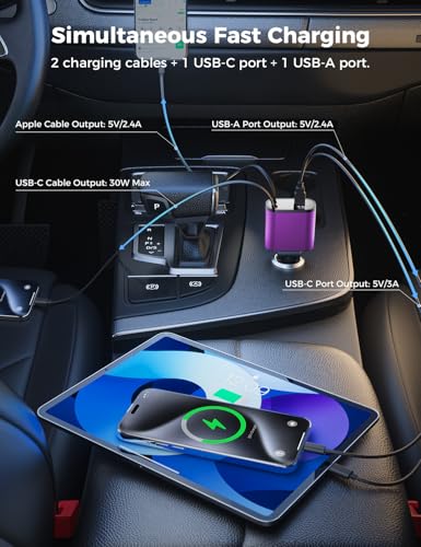 [Upgraded] SUPERONE Retractable Car Charger 4 in 1 Fast Car Phone Charger - color: Purple