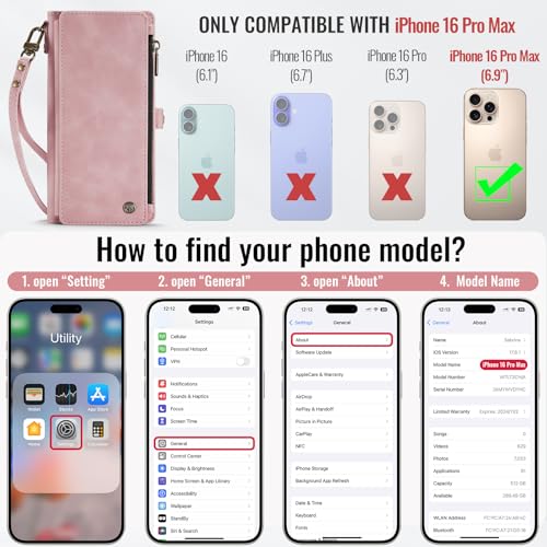 Defencase for iPhone 16 Pro Max Wallet Case with RFID Card Holder, Rosepink | Durable Soft PU Leather, with Zipper Pocket, Wrist Strap, Fashion Snap Flip Phone Cases Cover with Stand for Women and Men - color: Pink