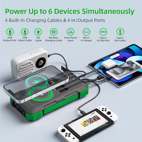 Solar Charger Power Bank 49800mAh Wireless Portable Phone Charger, 22.5W QC3.0 Fast Charging Built in 4 Cables with USB C 6 Outputs & 2 Inputs for All Cell Phone - color: Military Green