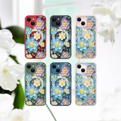 for iPhone 13 Mini 5.4" Magnetic Case【Compatible with MagSafe】 Aesthetic Oil Painting Stained Glass Flower Design, Slim Fit Hard PC Back Shockproof Cute Clear Phone Cover, Blue Purple - color: Blue Purple, size: iPhone 13 Mini