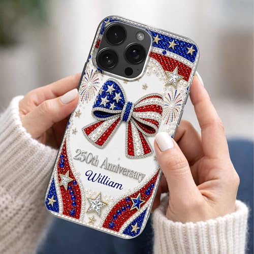 USA Anniversary Sparkling Bow, Personalized Clear Phone Case, Gift for Her