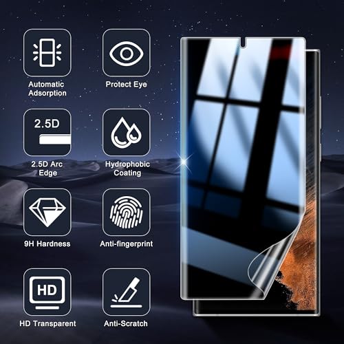 2+2 Pack for Samsung Galaxy S22 Ultra Privacy Screen Protector and Lens Protector, Ultrasonic Fingerprint Unlock, Easy Installation Frame, Anti Spy Flexible Soft Film, Case Friendly, Bubble-Free