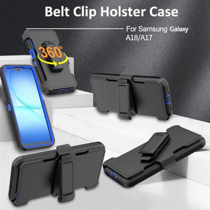Rugged Phone Case for Samsung Galaxy A18/A17 | Belt Clip Holster & Kickstand Heavy Duty Shockproof Protective Full Body Case (Black+Blue) - color: Black+Blue
