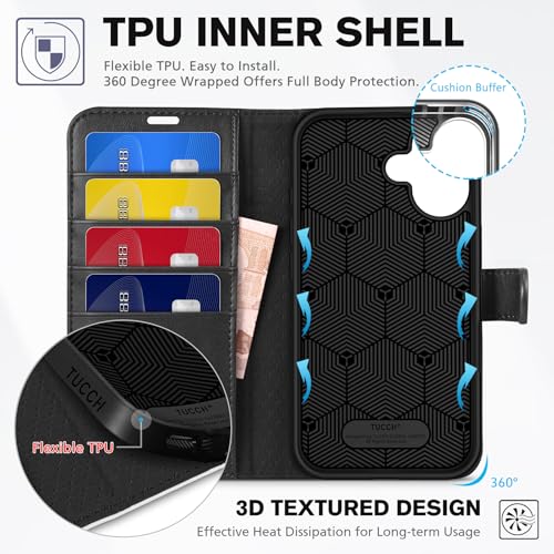 TUCCH Wallet Case for iPhone 16 (6.1") 2024, 4 Card Holders, Black & White | RFID Blocking, Viewing Stand, Shockproof TPU Shell, PU Leather, Magnetic Closure, Protective Folio Flip Cover - color: Black & White