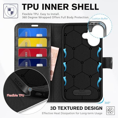 TUCCH Wallet Case for iPhone 16 (6.1") 2024, 4 Card Holders, Black & White | RFID Blocking, Viewing Stand, Shockproof TPU Shell, PU Leather, Magnetic Closure, Protective Folio Flip Cover - color: Black & White