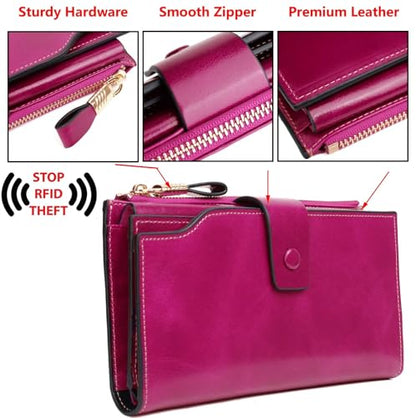 YALUXE Women's Real Leather Wallet RFID Protect 21 Card Slots Phone Pocket - color: 7- Waxed Pink, size: Genuine Leather