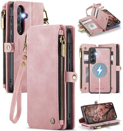 Defencase for Galaxy S25 Case Wallet Compatible with Magsafe 6.2", Rosepink | Magnetic Detachable, with RFID Bolcking Card Holder, Zipper Strap, PU Leather Drop-Proof Phone Cover for Samsung Galaxy S25 - color: (Detachable with Magsafe)-Pink