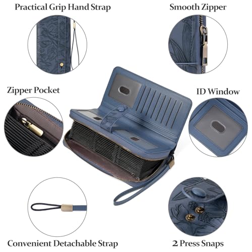 SENDEFN Women's Credit Card Holder RFID Blocking Zip Around Leather Wallet Large Capacity Long Purse with Wristlet - color: Deep Blue