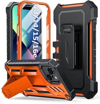 for iPhone 13/14/15 Phone Case: for iPhone 16e Protective Cover with Belt Clip Holster | Durable Dual-Layer Design with Built-in Kickstand | Heavy Duty Military Grade Hard Protection Shock Proof | Built-in Screen Protector, 20FT Military-Grade Drop Shockp