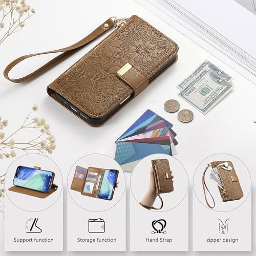 for iPhone 17 Pro Phone Case Wallet, Brown | Built-in Card Holder (8-10 Cards), Zipper Pocket, Wrist Strap, Stand Kickstand, Flower PU Leather Protective Phone Case Women - color: Brown, size: iPhone 17 Pro