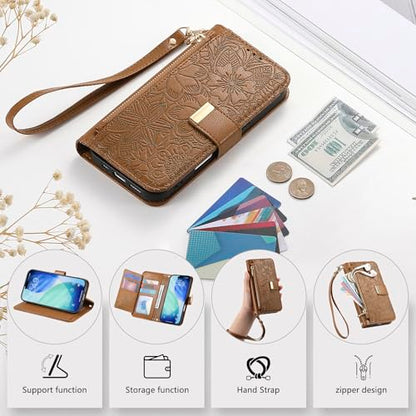 for iPhone 17 Pro Max Phone Case Wallet, Brown | Built-in Card Holder (8-10 Cards), Zipper Pocket, Wrist Strap, Stand Kickstand, Flower PU Leather Protective Phone Case Women - color: Brown, size: iPhone 17 Pro Max