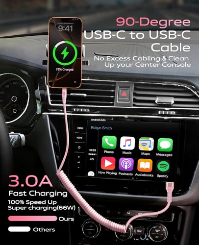 Coiled USB C to C Cable for Car 3FT/6FT 90 Degree USB C Cable USBC to USBC - color: Pink, size: 3FT+6FT