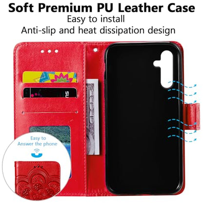 EYZUTAK Case for Samsung Galaxy A17 5G/A26 5G, Premium Leather Magnetic Closure Flip Wallet Phone Case with Card Holder Cash Slots Kickstand Embossed Mandala Flower Shockproof Lanyard Cover - Red - color: Red, size: Samsung Galaxy A17 5G/A26 5G