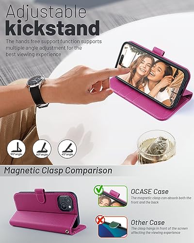 OCASE Compatible with iPhone 15 Wallet Case, PU Leather Flip Folio Case with Card Holders RFID Blocking Kickstand [Shockproof TPU Inner Shell] Phone Cover 6.1 Inch 2023, Litchi Rose - color: Litchi Rose