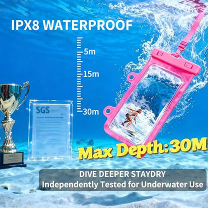 Larger Waterproof Phone Pouch iPhone &Shower Phone Holder Waterproof with 2 Suction Cups,Water Phone Protector Pouch with Adjustable Lanyard for iPhone 17 16 15 ProMax (Pink, 1 PCS) - color: Pink