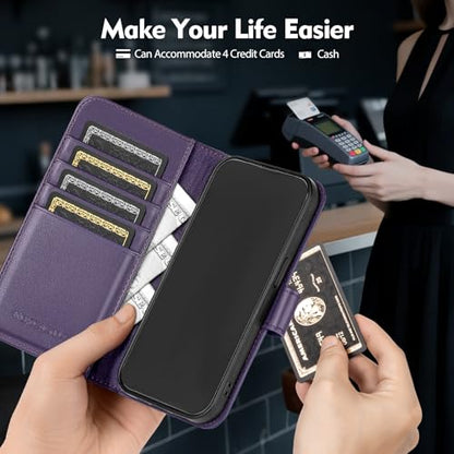 Compatible with iPhone 14 Pro Genuine Leather Case Wallet with Card Holder,Women Men Real Leather Flip Folio RFID Blocking Credit Card Slots Stand Phone Cover,for Apple 14 Pro 6.1,Purple - color: Purple, size: iPhone 14 Pro - 6.1"