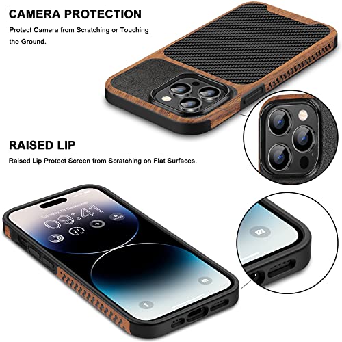 TENDLIN Magnetic Case Compatible with iPhone 14 Pro Case Wood Grain with Carbon Fiber Texture Design Leather Hybrid Slim Cover (Compatible with MagSafe) - color: Magnetic Black, size: iPhone 14 Pro